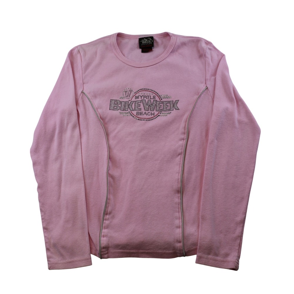 Biker Design Women L Shirt Pink Myrtle Beach Bike Week 07 Rhinestone Zipper Trim
